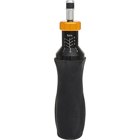 Schwarzer Drehmomentschlüssel, goldene Einstellschraube, Nm-Skala.